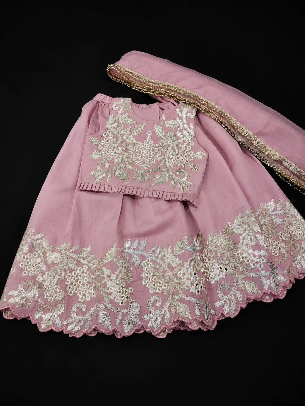 Girls Dusty Rose Gota Patti Mirror Work Lehenga Set with Embroidered Blouse, Mirror Work, Floral Embroidery and Matching Net Dupatta for Weddings & Festivals