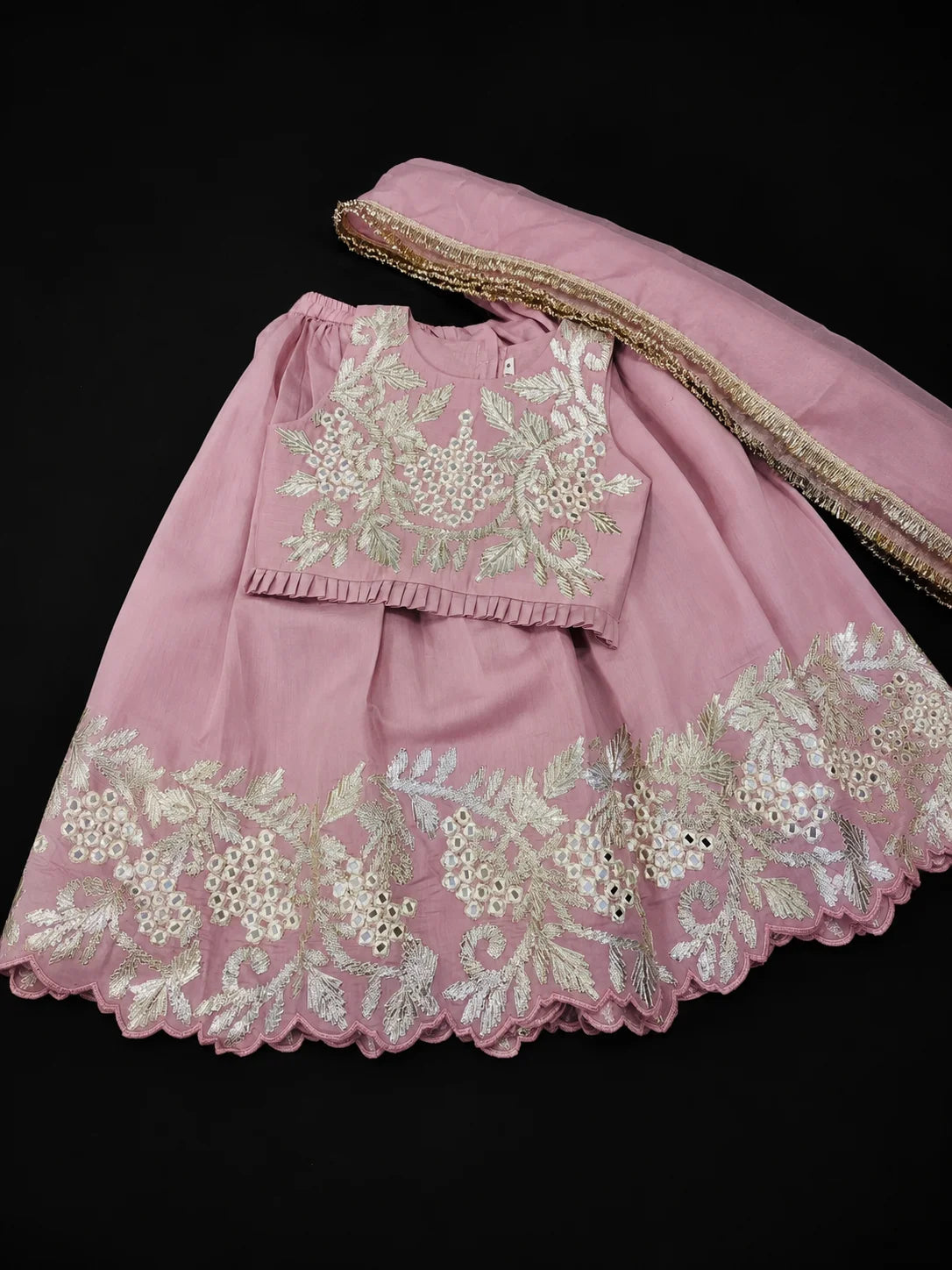 Girls Dusty Rose Gota Patti Mirror Work Lehenga Set with Embroidered Blouse, Mirror Work, Floral Embroidery and Matching Net Dupatta for Weddings & Festivals