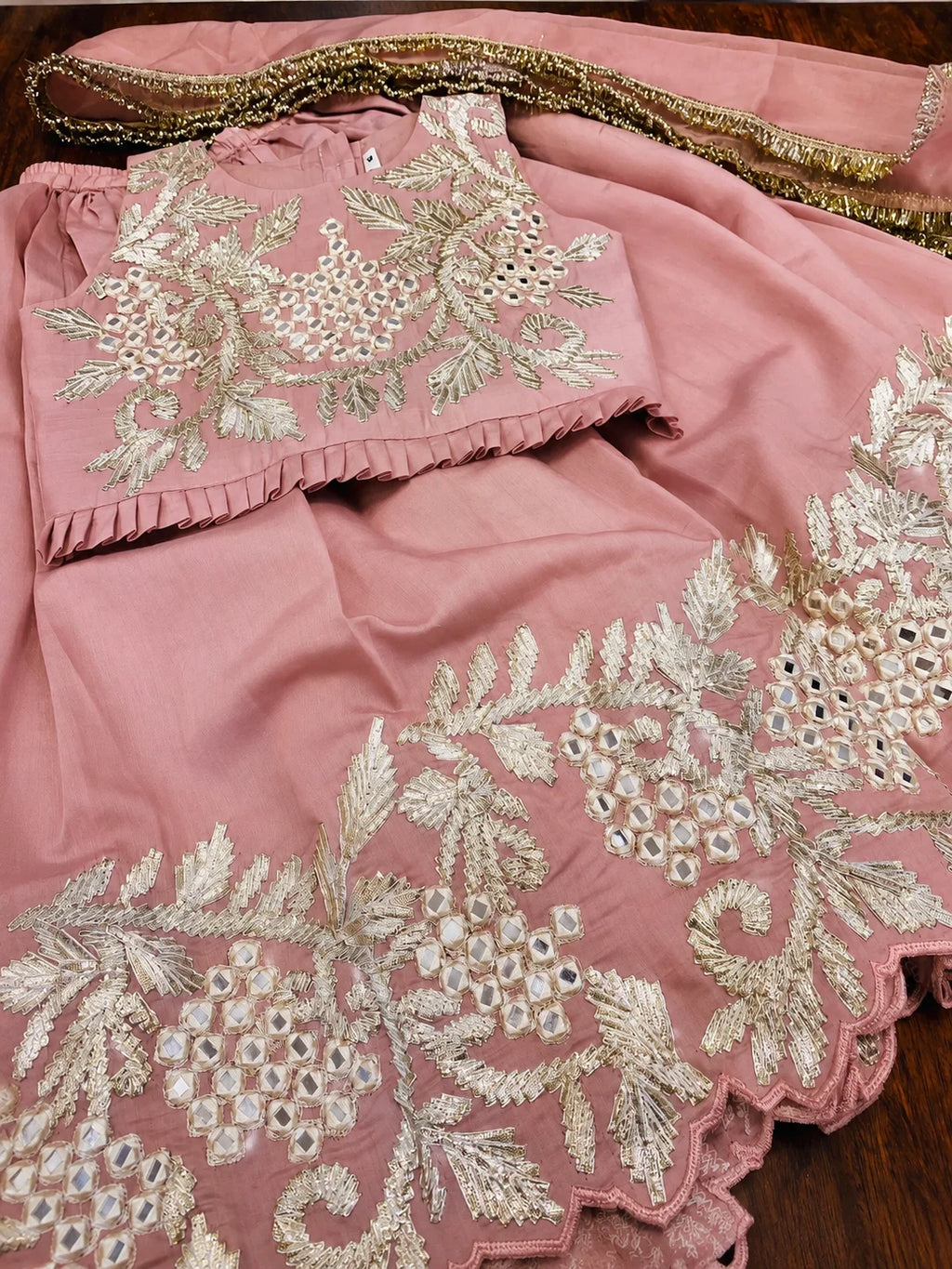 Girls Dusty Rose Gota Patti Mirror Work Lehenga Set with Embroidered Blouse, Mirror Work, Floral Embroidery and Matching Net Dupatta for Weddings & Festivals