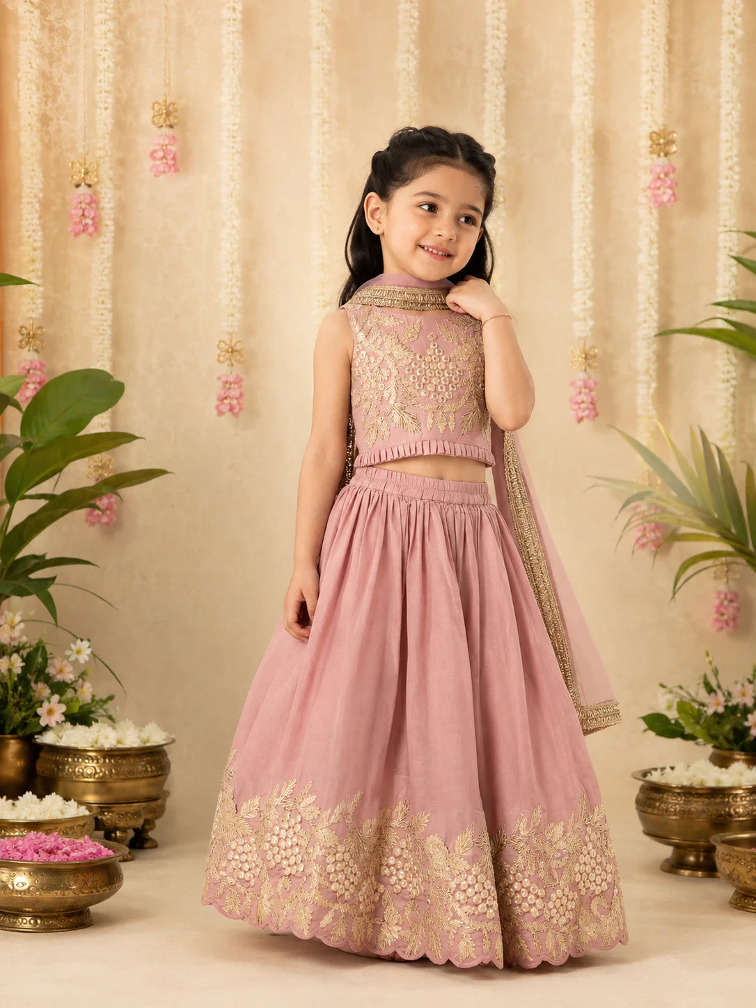 Girls Dusty Rose Gota Patti Mirror Work Lehenga Set with Embroidered Blouse, Mirror Work, Floral Embroidery and Matching Net Dupatta for Weddings & Festivals