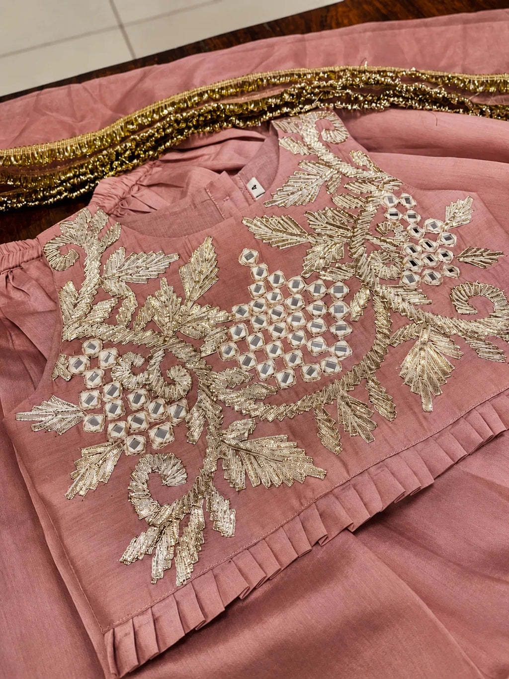 Girls Dusty Rose Gota Patti Mirror Work Lehenga Set with Embroidered Blouse, Mirror Work, Floral Embroidery and Matching Net Dupatta for Weddings & Festivals