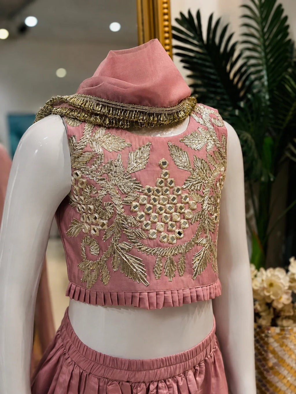 Girls Dusty Rose Gota Patti Mirror Work Lehenga Set with Embroidered Blouse, Mirror Work, Floral Embroidery and Matching Net Dupatta for Weddings & Festivals