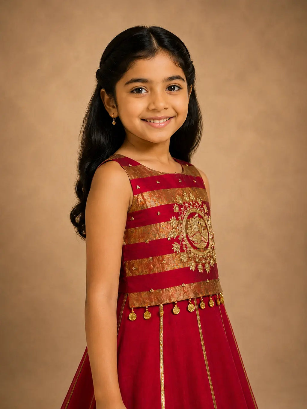 Girls Red Embroidered Anarkali Dress