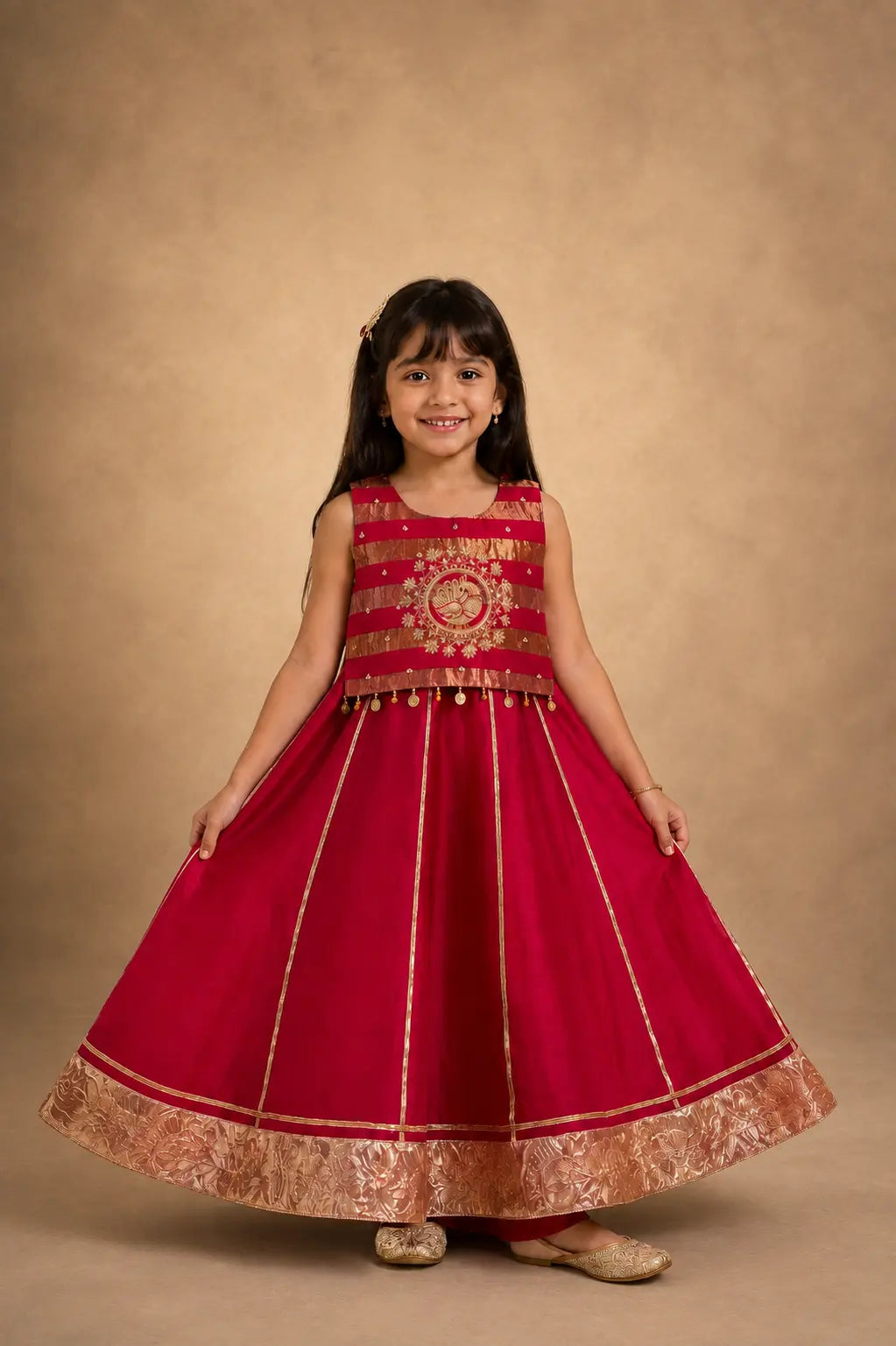 Girls Red Embroidered Anarkali Dress