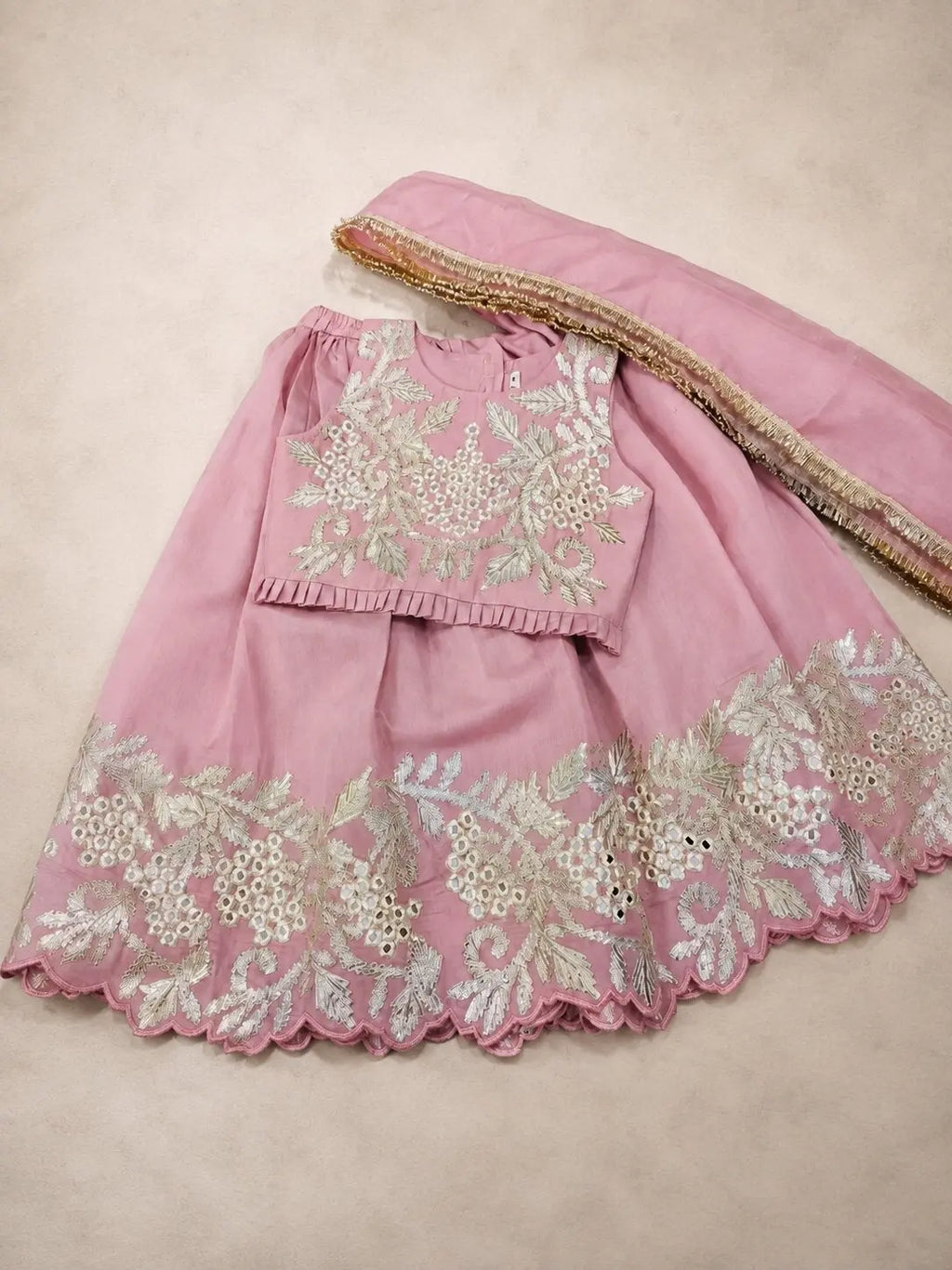 Marwar Roots Noor Gota Patti lehenga set with intricate embroidery and vibrant colors, featuring a matching blouse and dupatta.