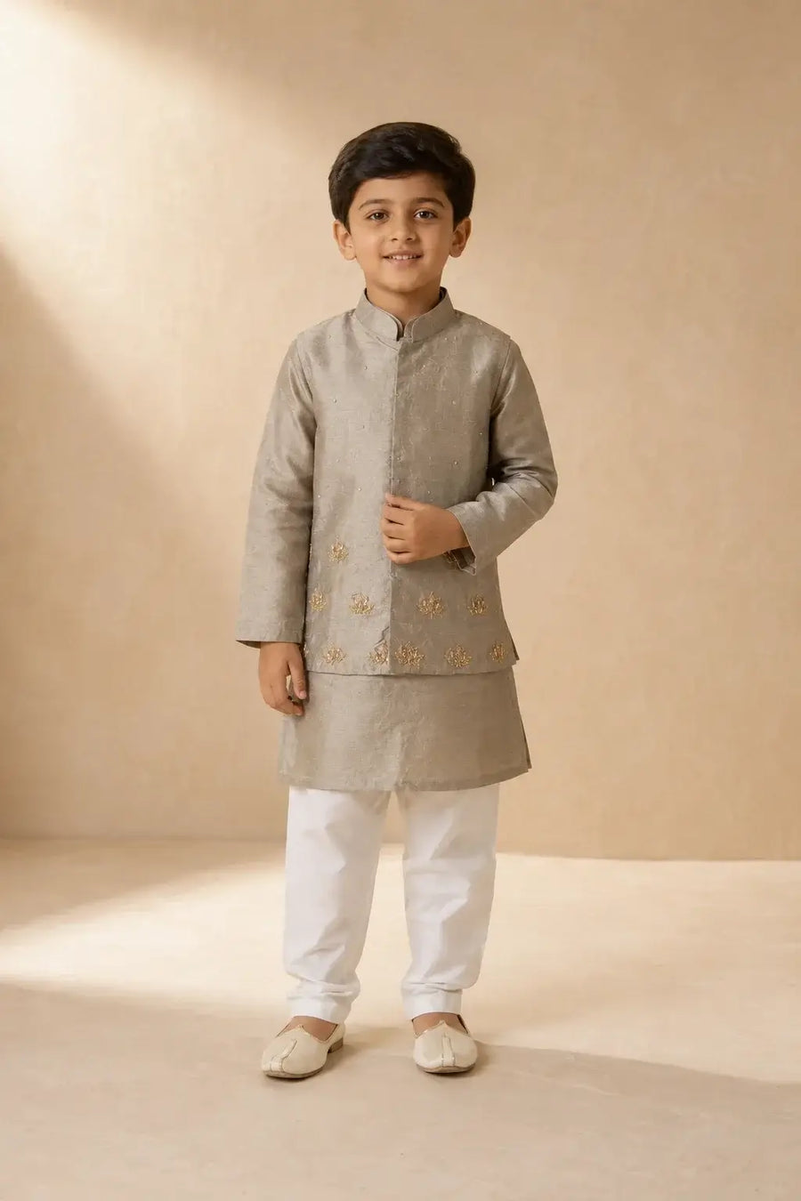 Grey lotus embroidered Nehru jacket kurta set for boys with white pajama – Indian ethnic wear
