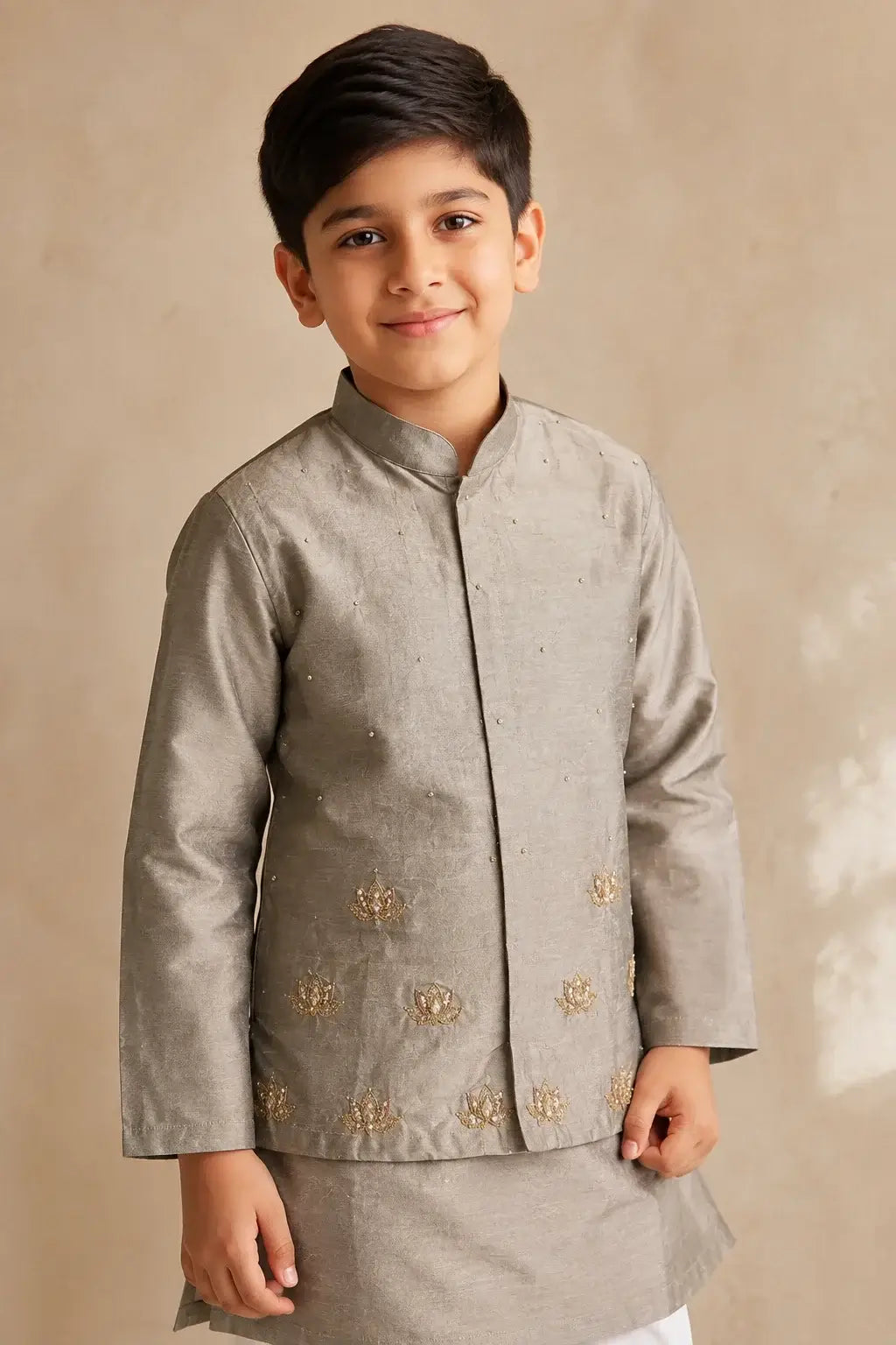 Grey lotus embroidered Nehru jacket kurta set for boys with white pajama – Indian ethnic wear