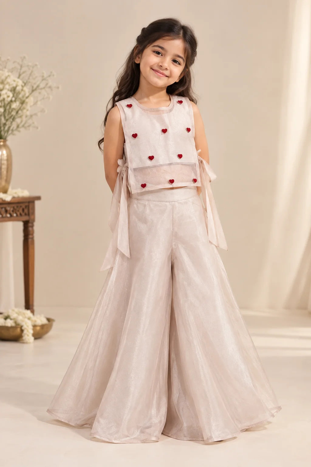 Ivory Red Heart Indo Western Set for Girls – Premium Ivory Dress with Red Heart Design