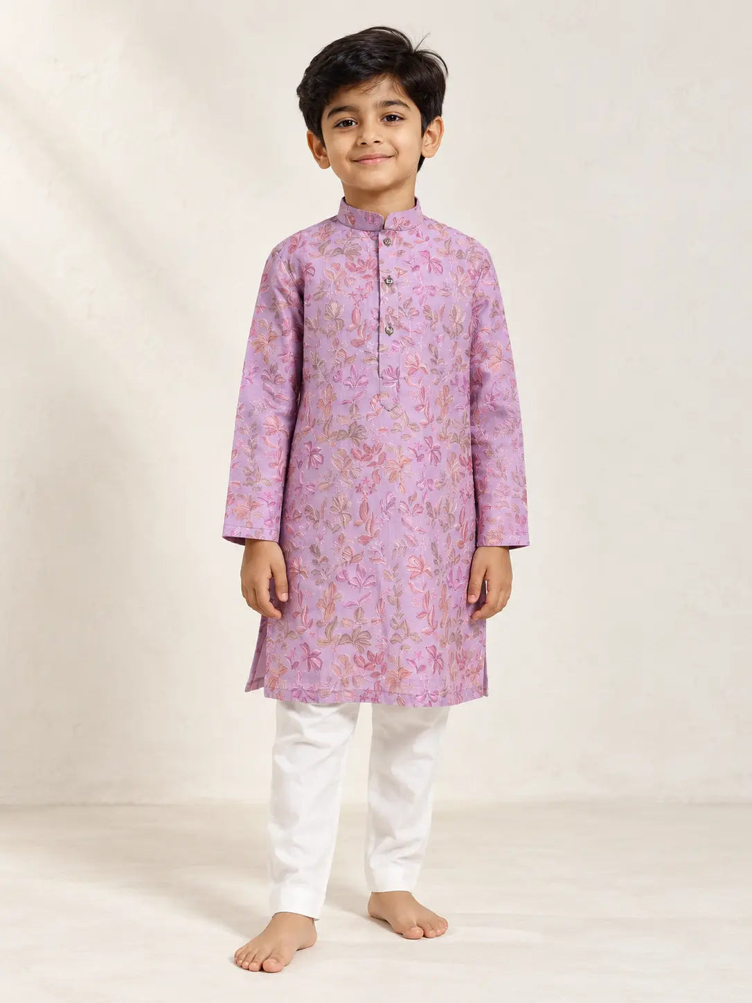Lavender Floral Mul Chanderi Kurta Pant Set