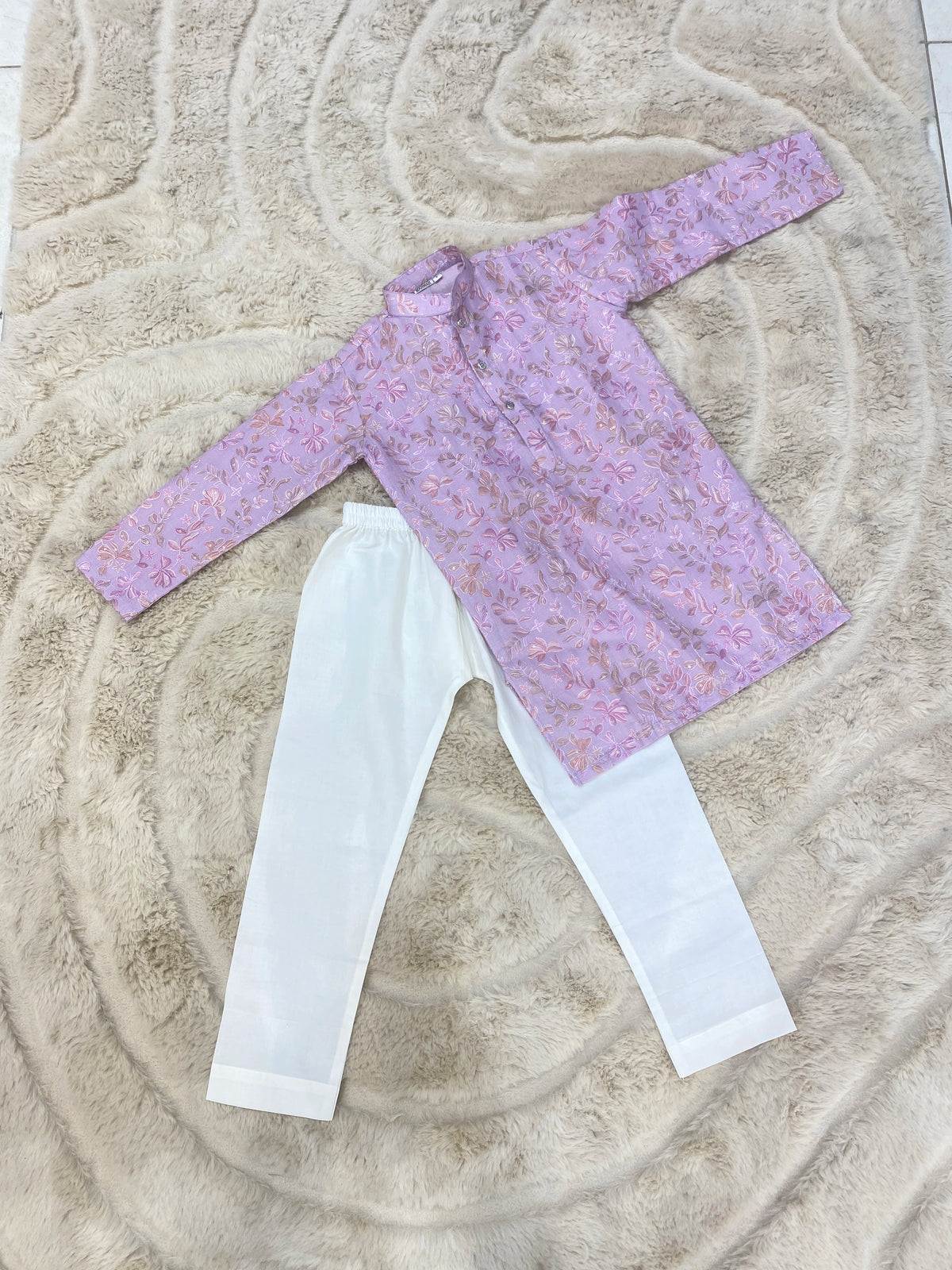 Lavender Floral Mul Chanderi Kurta Pant Set
