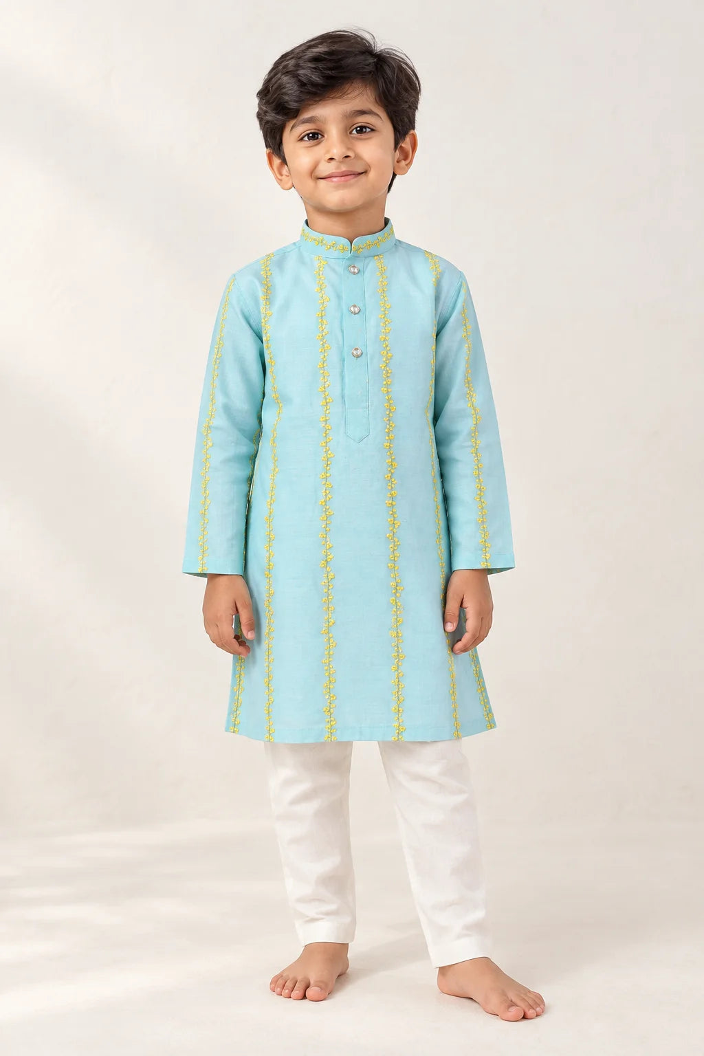 Light Blue Floral Mul Chanderi Kurta Pant Set