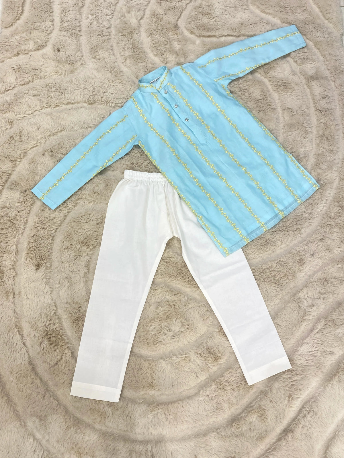 Light Blue Floral Mul Chanderi Kurta Pant Set