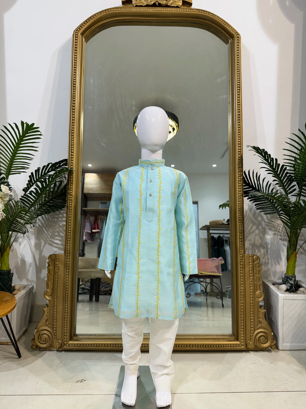 Light Blue Floral Mul Chanderi Kurta Pant Set