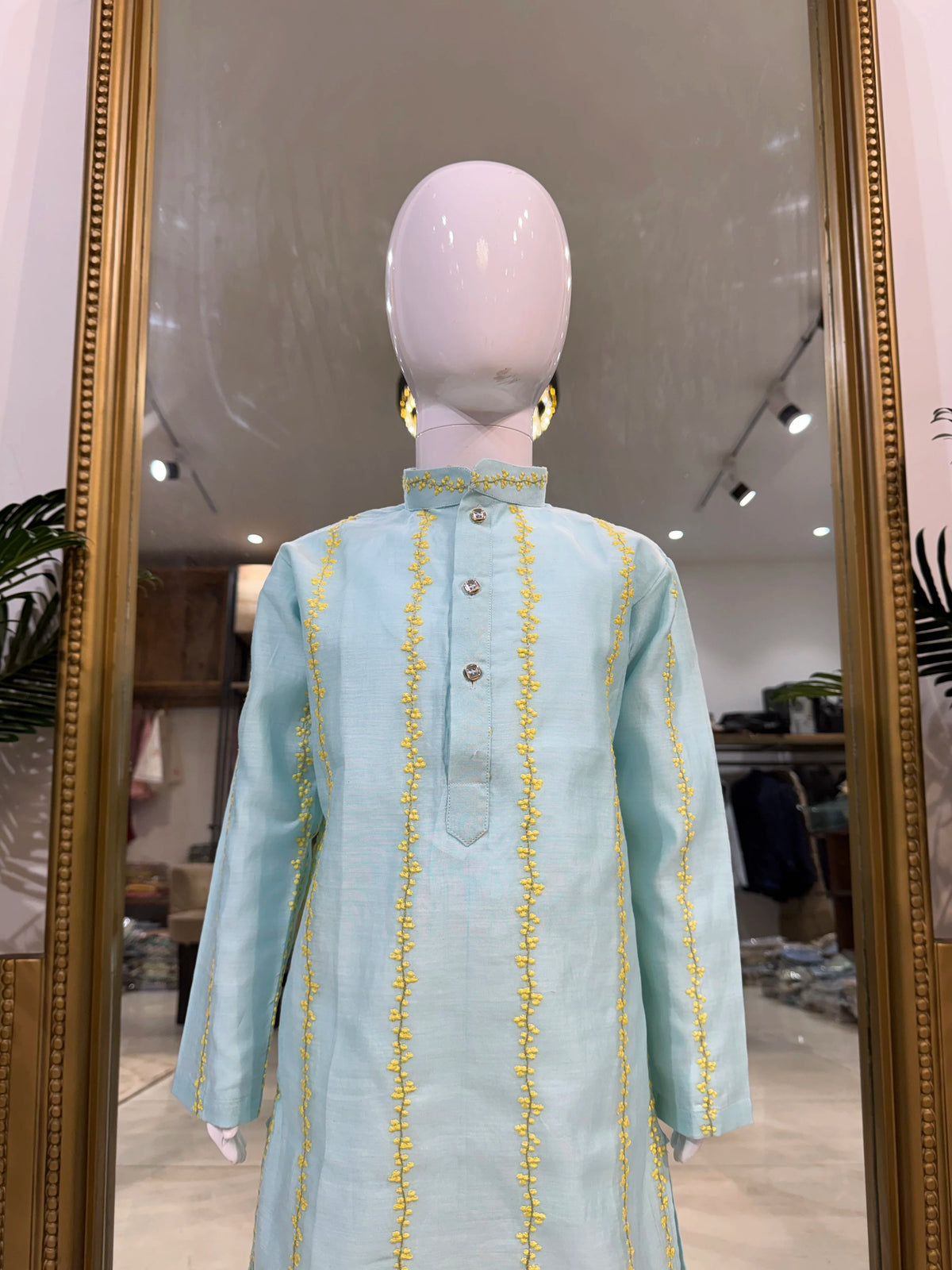 Light Blue Floral Mul Chanderi Kurta Pant Set