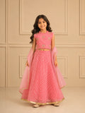 Light peach Leheriya lehenga set for girls with hand-embroidered bird motifs, ruffle choli, gold border and net dupatta