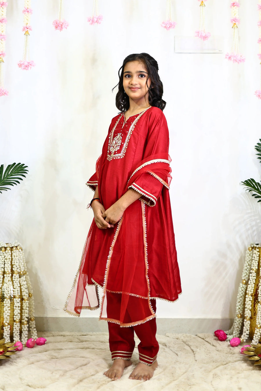 Red Meera Suit Set for Girls
