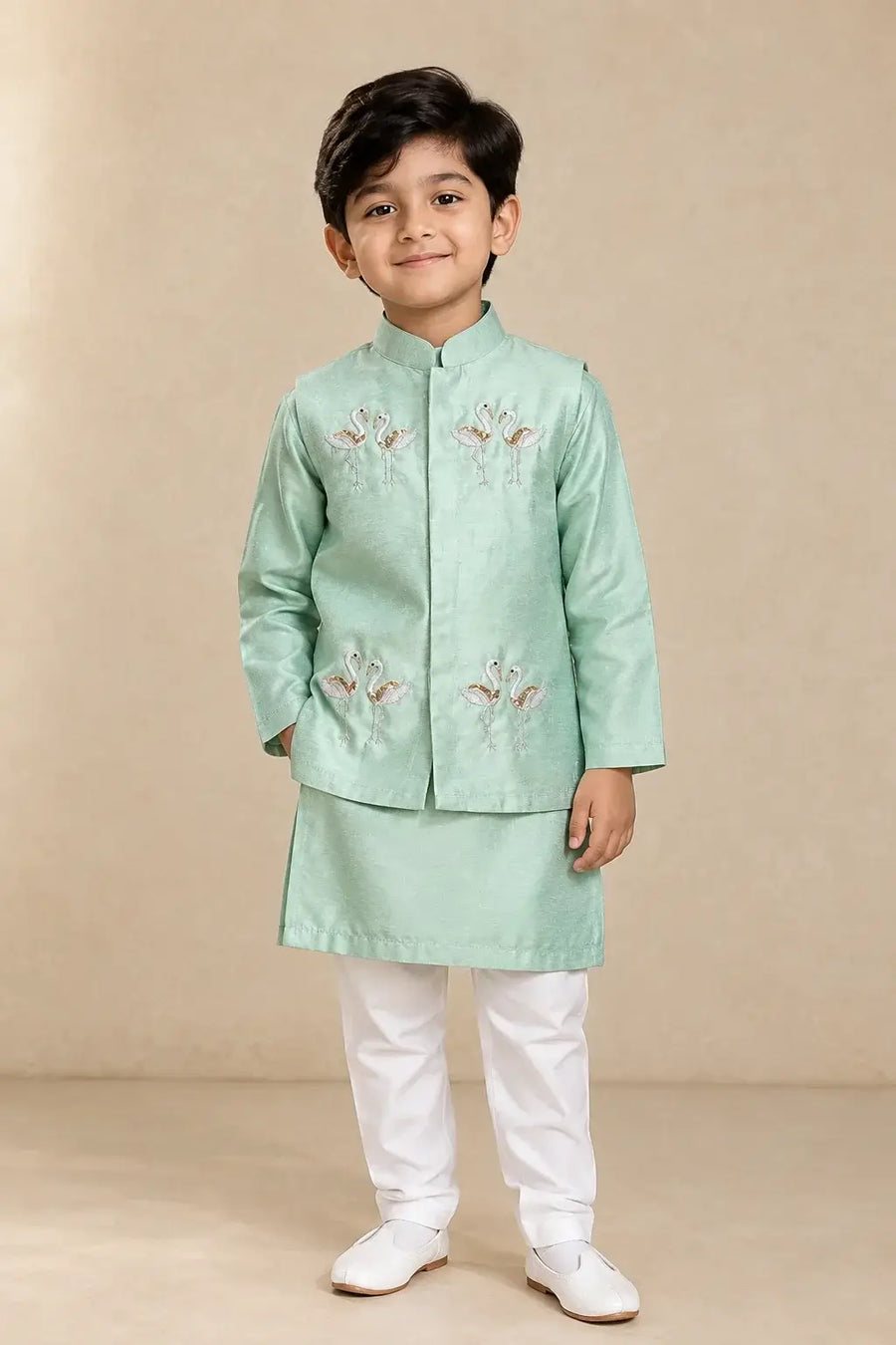 Boys mint green festive kurta Nehru jacket set with flamingo embroidery