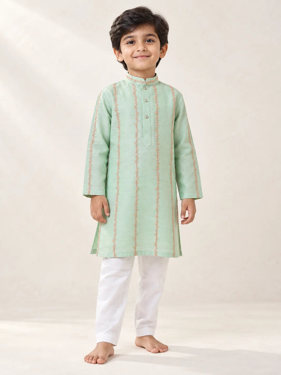 Mint Green Floral Kurta Set for Boys