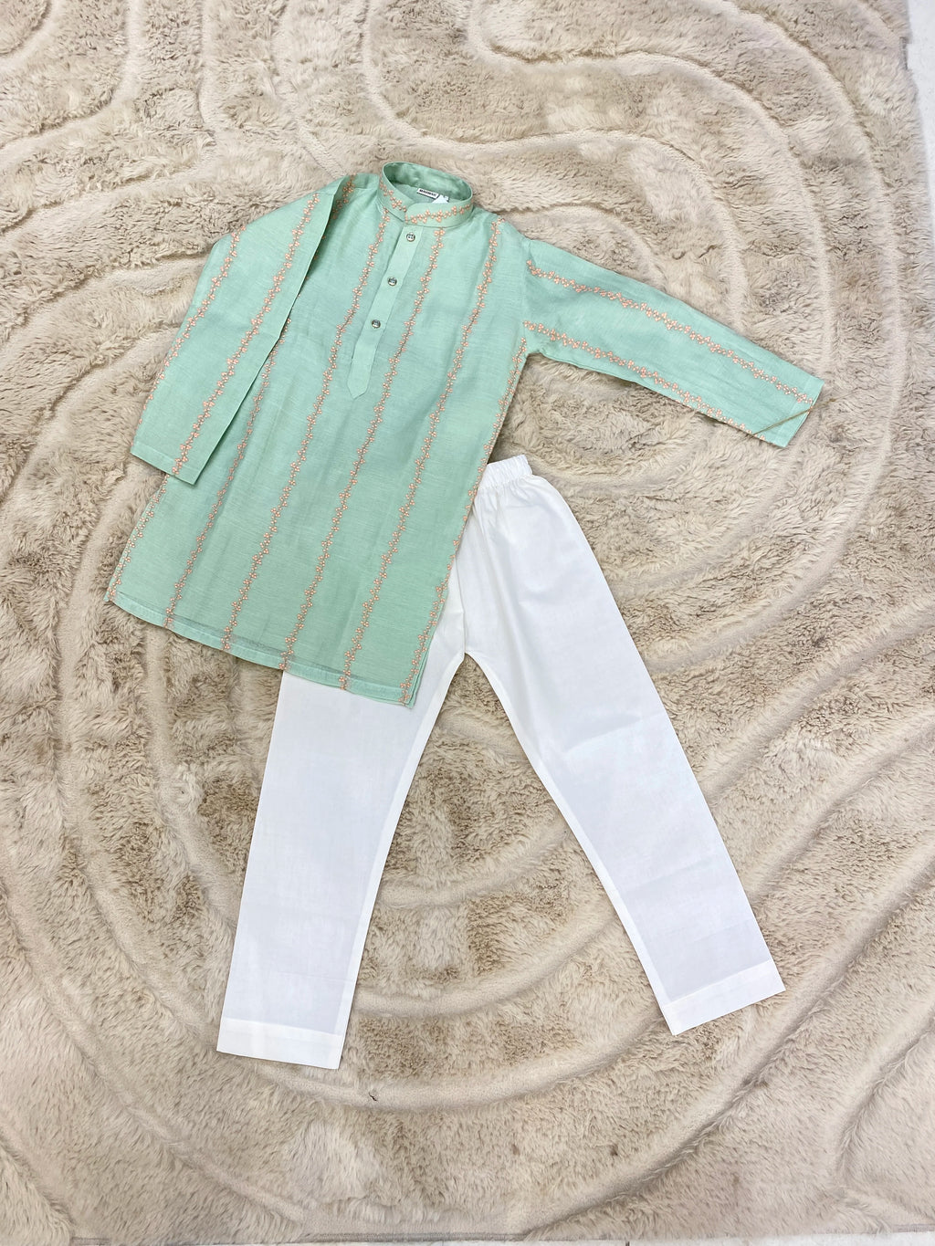 Mint Green Floral Kurta Set for Boys