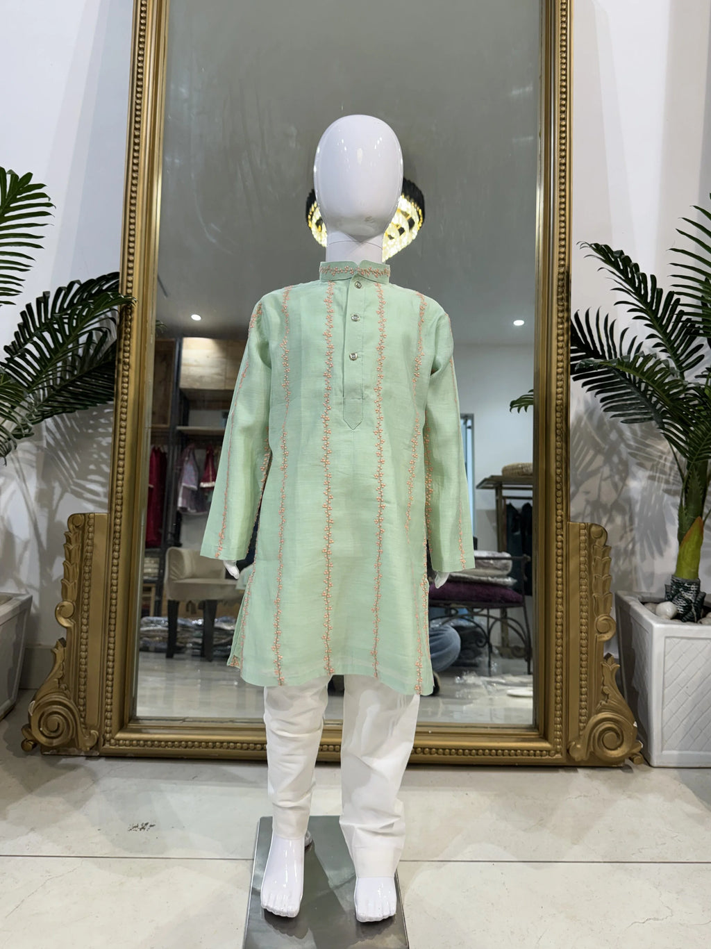 Mint Green Floral Kurta Set for Boys