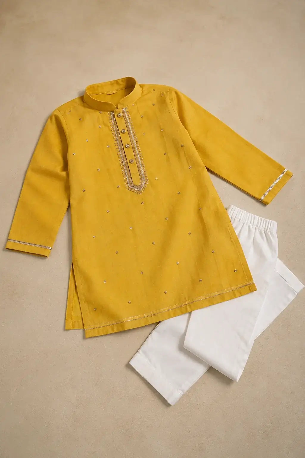 Mustard yellow embellished kurta pajama set for boys with white pajama