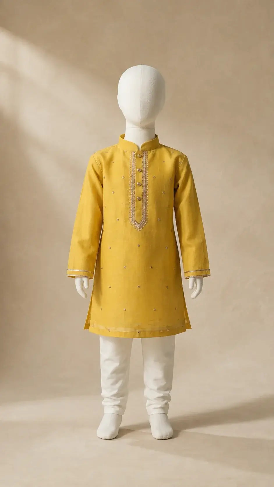 Mustard yellow embellished kurta pajama set for boys with white pajama