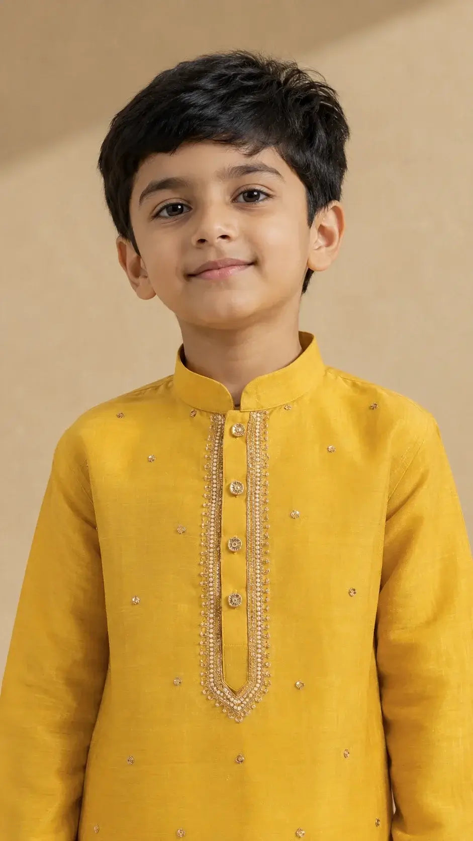 Mustard yellow embellished kurta pajama set for boys with white pajama