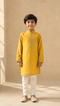 Mustard yellow embellished kurta pajama set for boys with white pajama