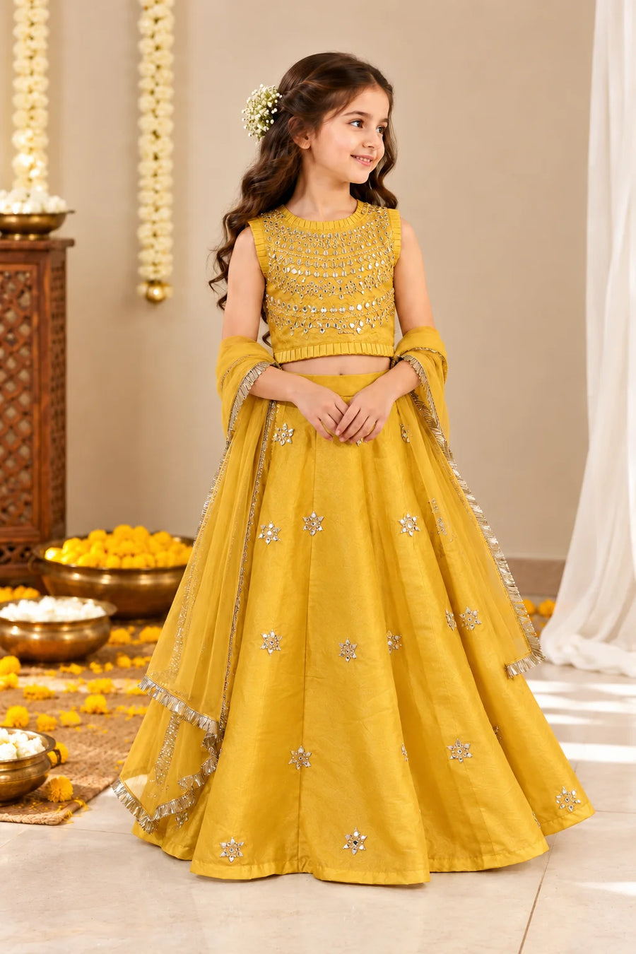 Mustard Yellow Mirror Work Lehenga Set