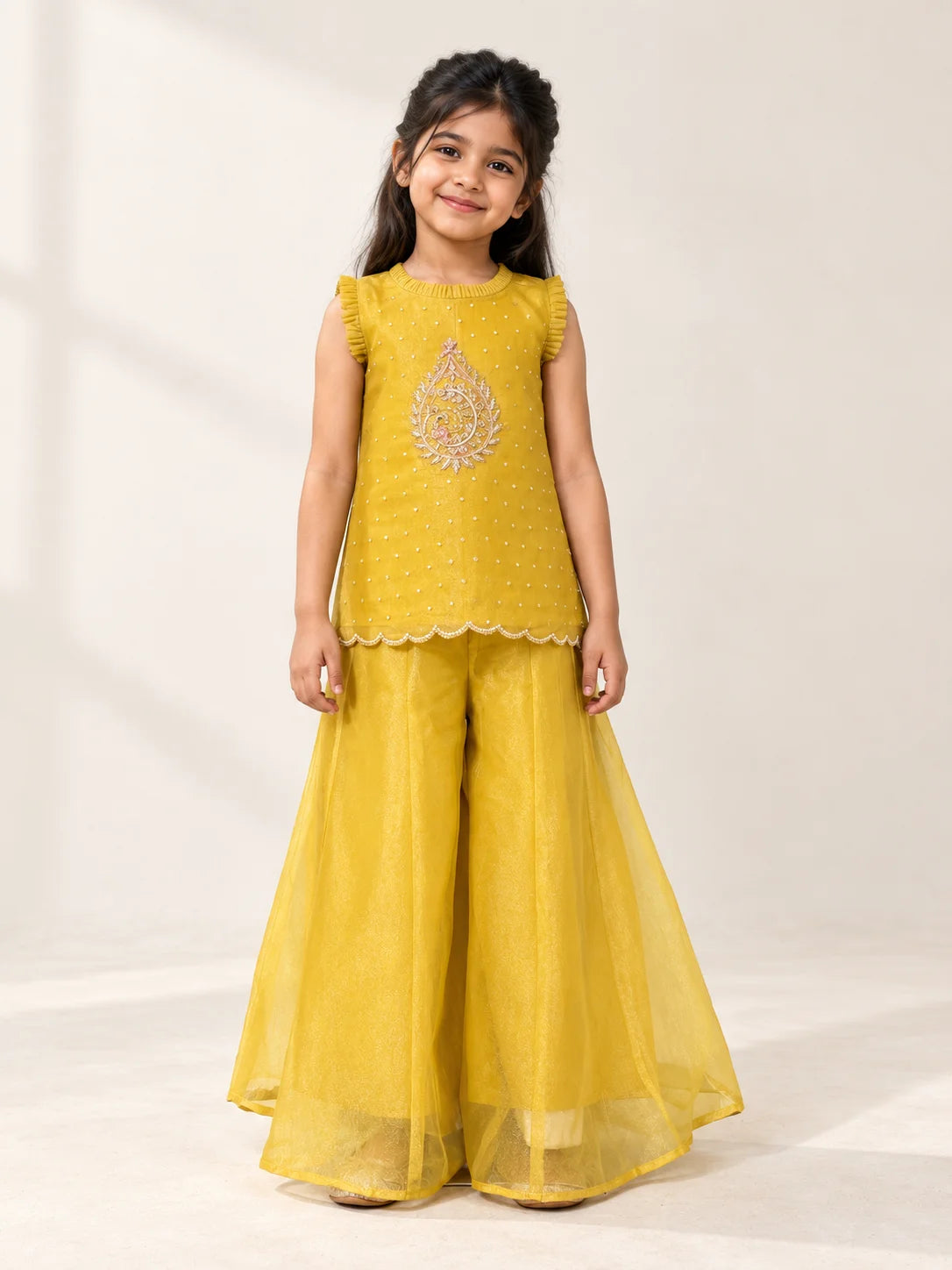 Mustard Yellow Peacock Butta Sharara Set