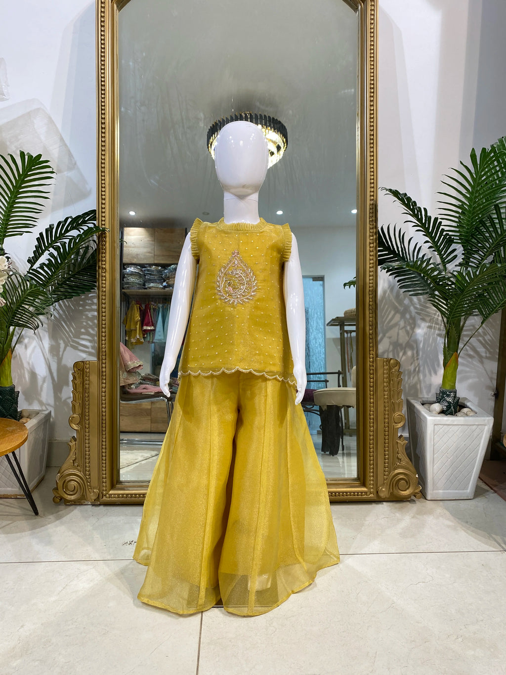 Mustard Yellow Peacock Butta Sharara Set