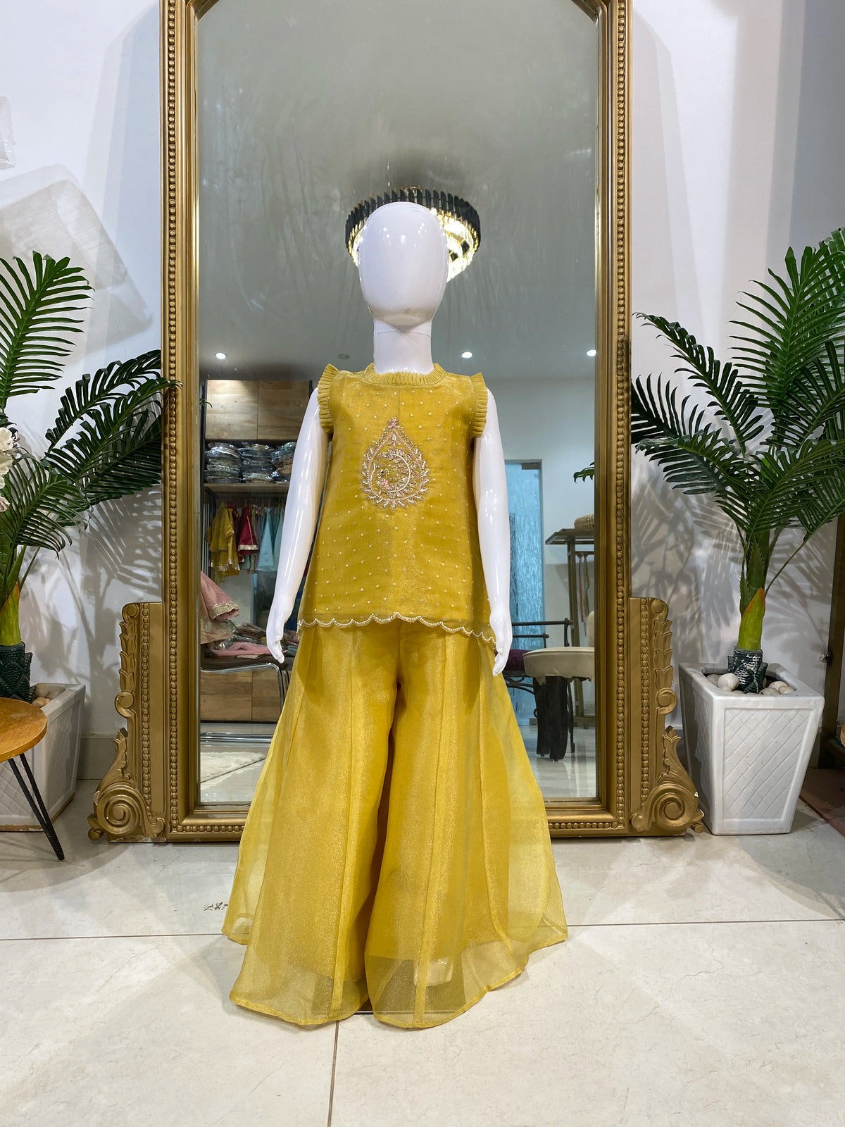 Mustard Yellow Peacock Butta Sharara Set
