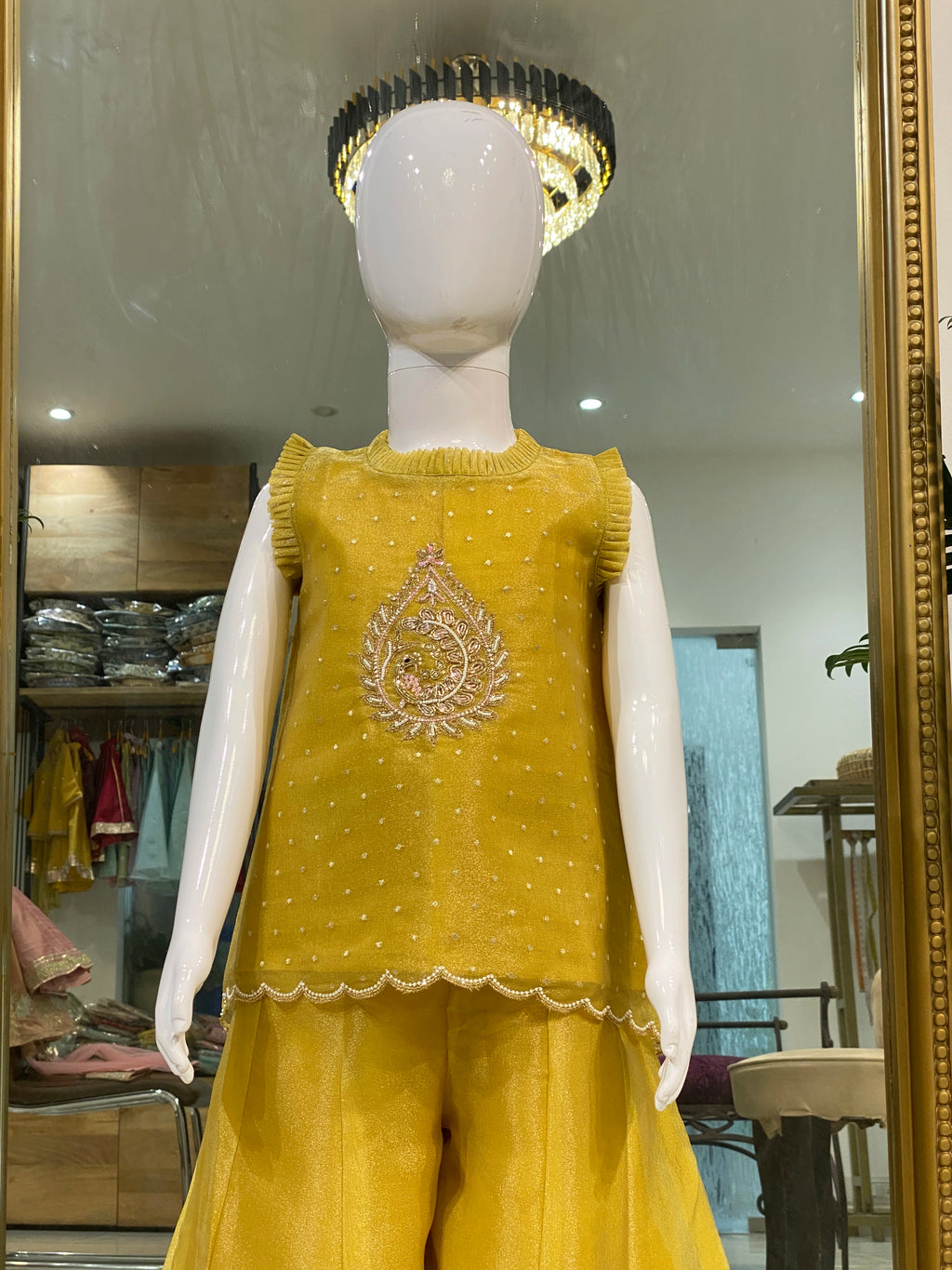 Mustard Yellow Peacock Butta Sharara Set