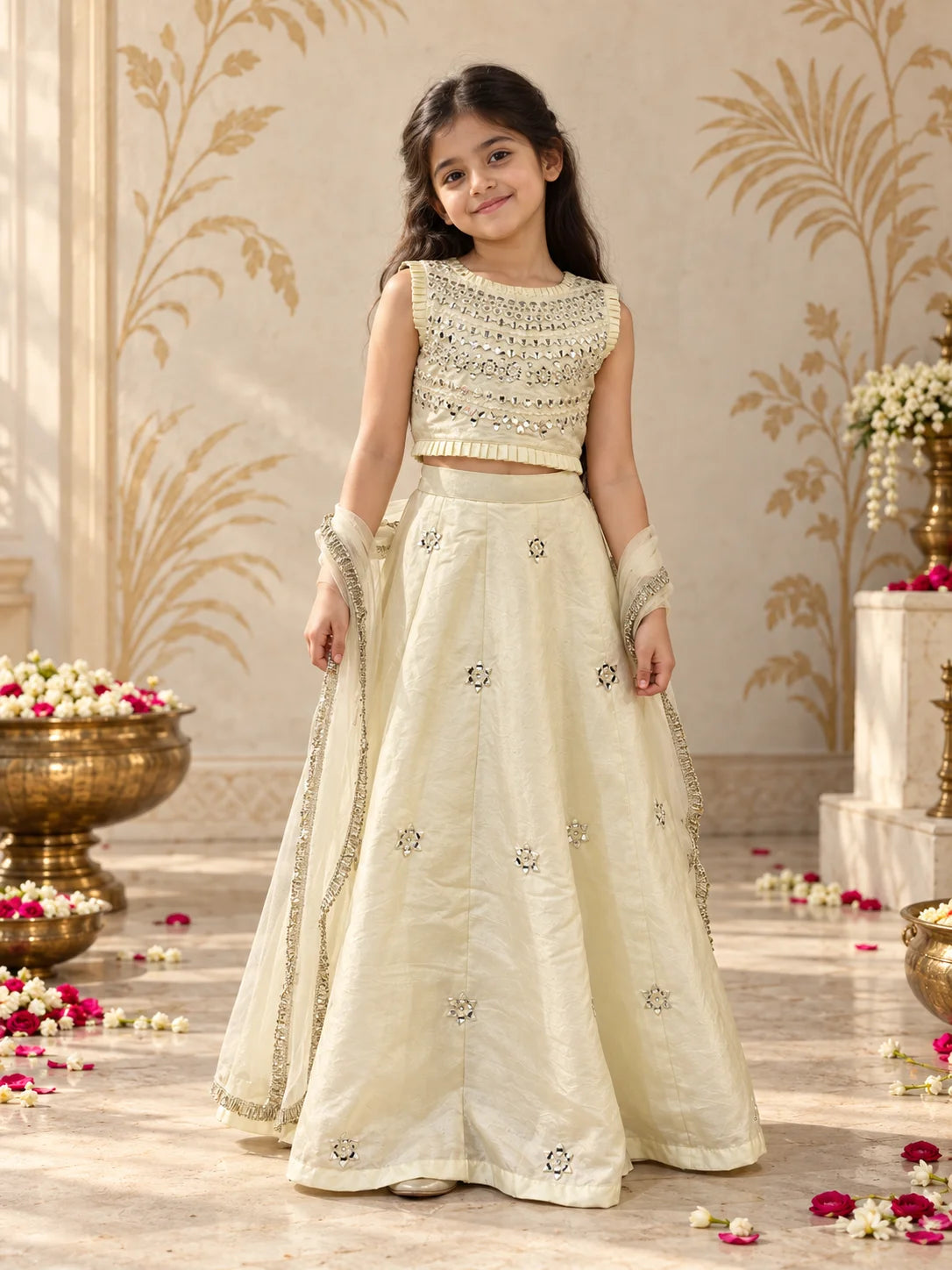 Off White Mirror Work Lehenga Set