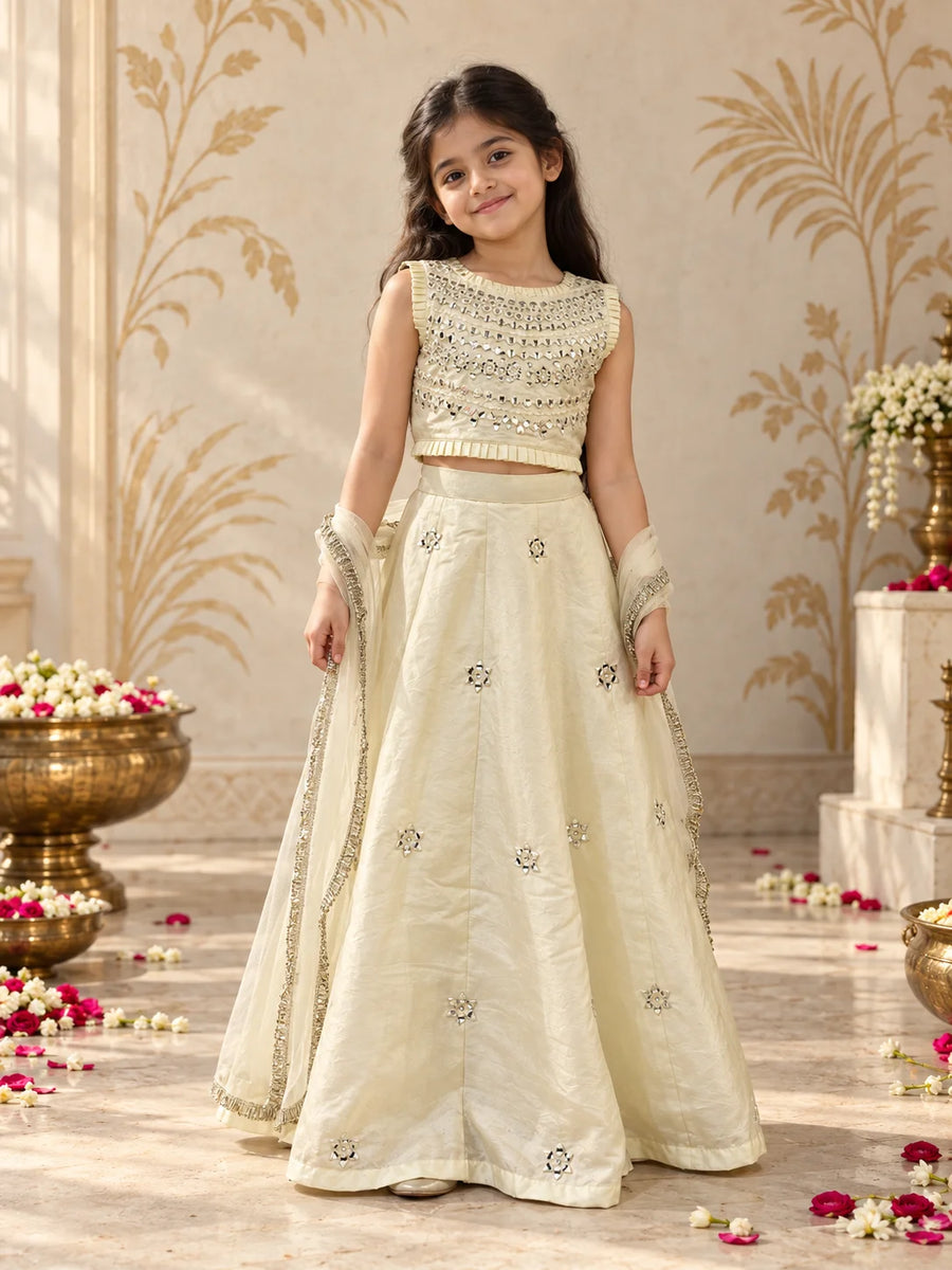 Off White Mirror Work Lehenga Set