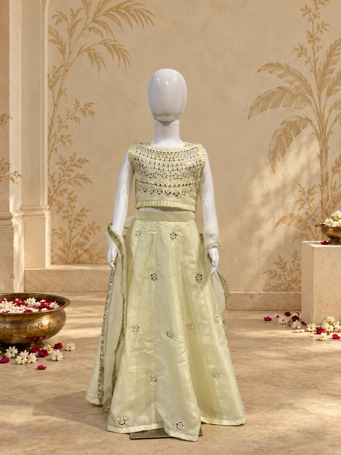 Off White Mirror Work Lehenga Set