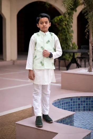 Green pineapple jacket set by Marwar Roots featuring a stylish, vibrant design with a matching jacket and pants for casual wear.