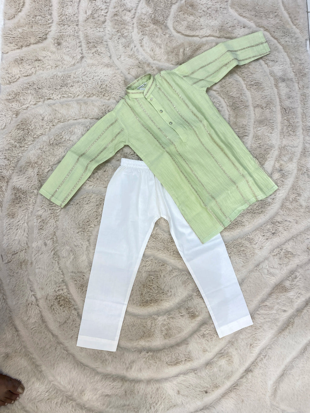 Pastel Green Mul Chanderi Kurta Pant Set