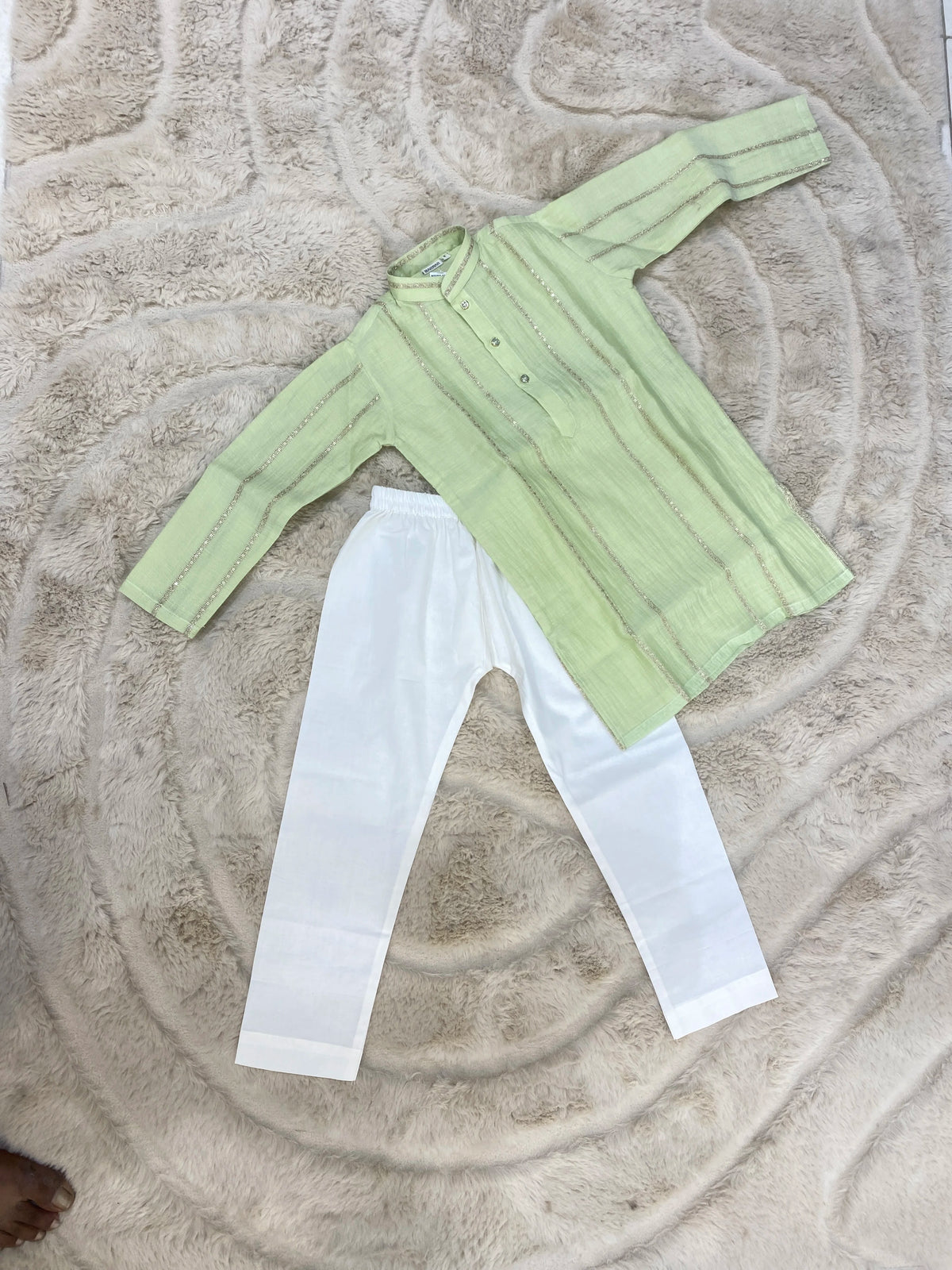 Pastel Green Mul Chanderi Kurta Pant Set
