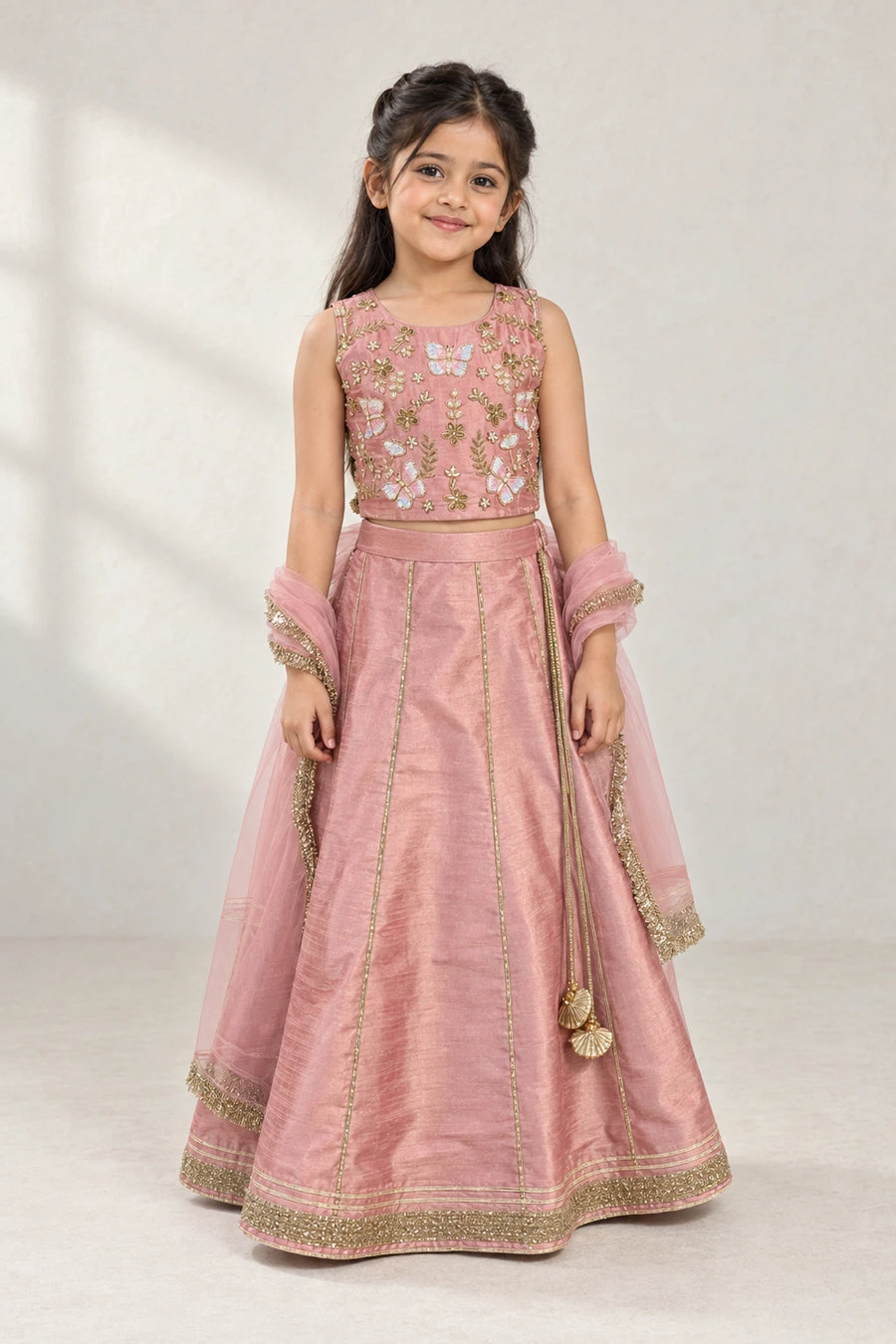 Pastel Pink Floral Jal Work Lehenga Set for Girls