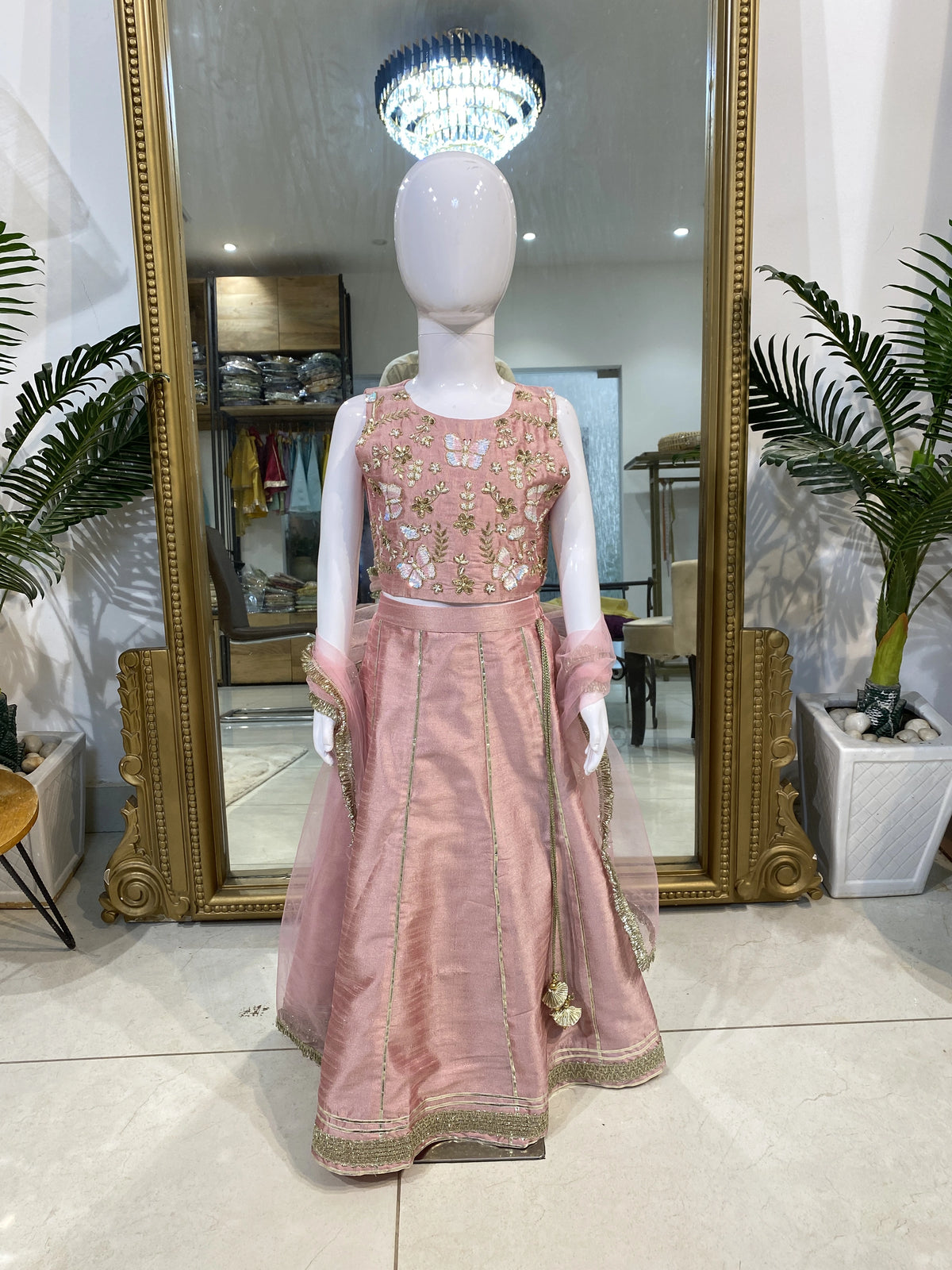 Pastel Pink Floral Jal Work Lehenga Set for Girls