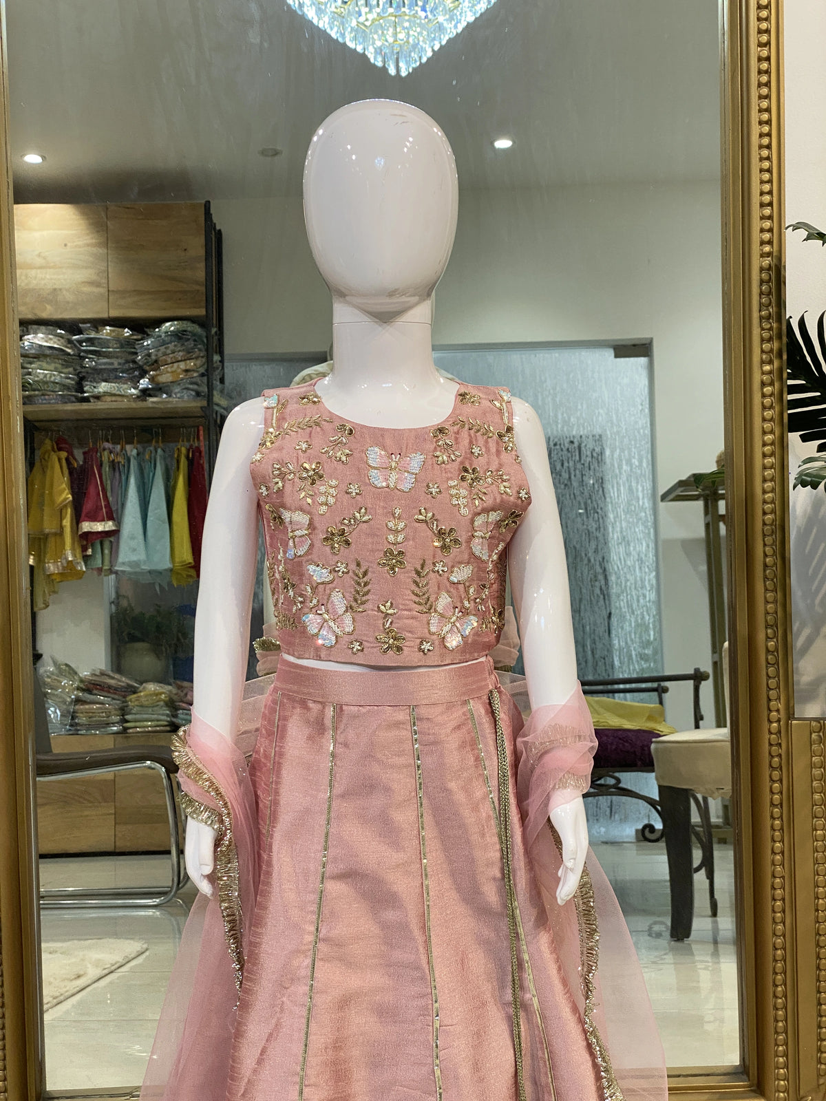 Pastel Pink Floral Jal Work Lehenga Set for Girls