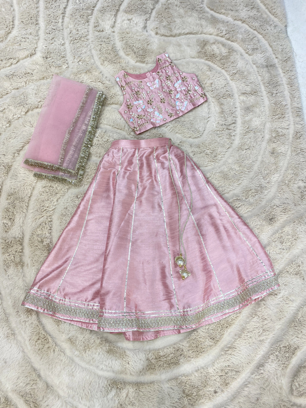 Pastel Pink Floral Jal Work Lehenga Set for Girls