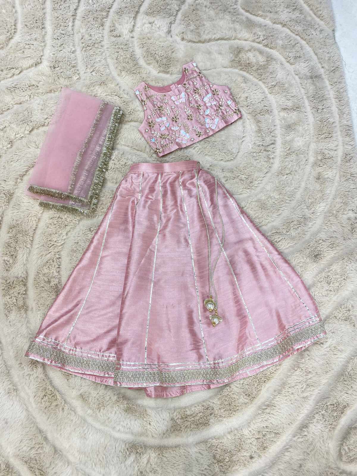 Pastel Pink Floral Jal Work Lehenga Set for Girls