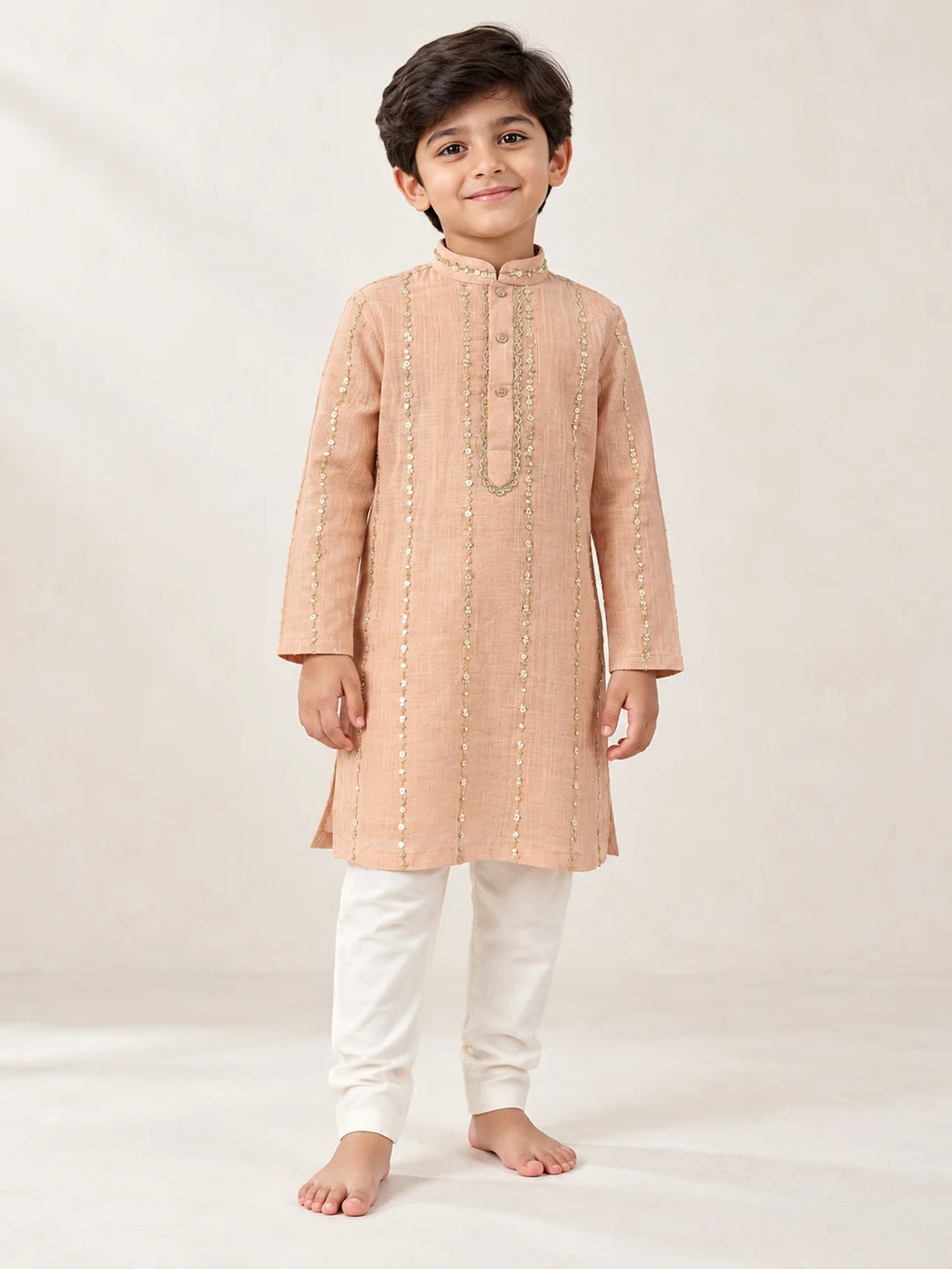 Peach Sequin Mul Chanderi Kurta Pant Set