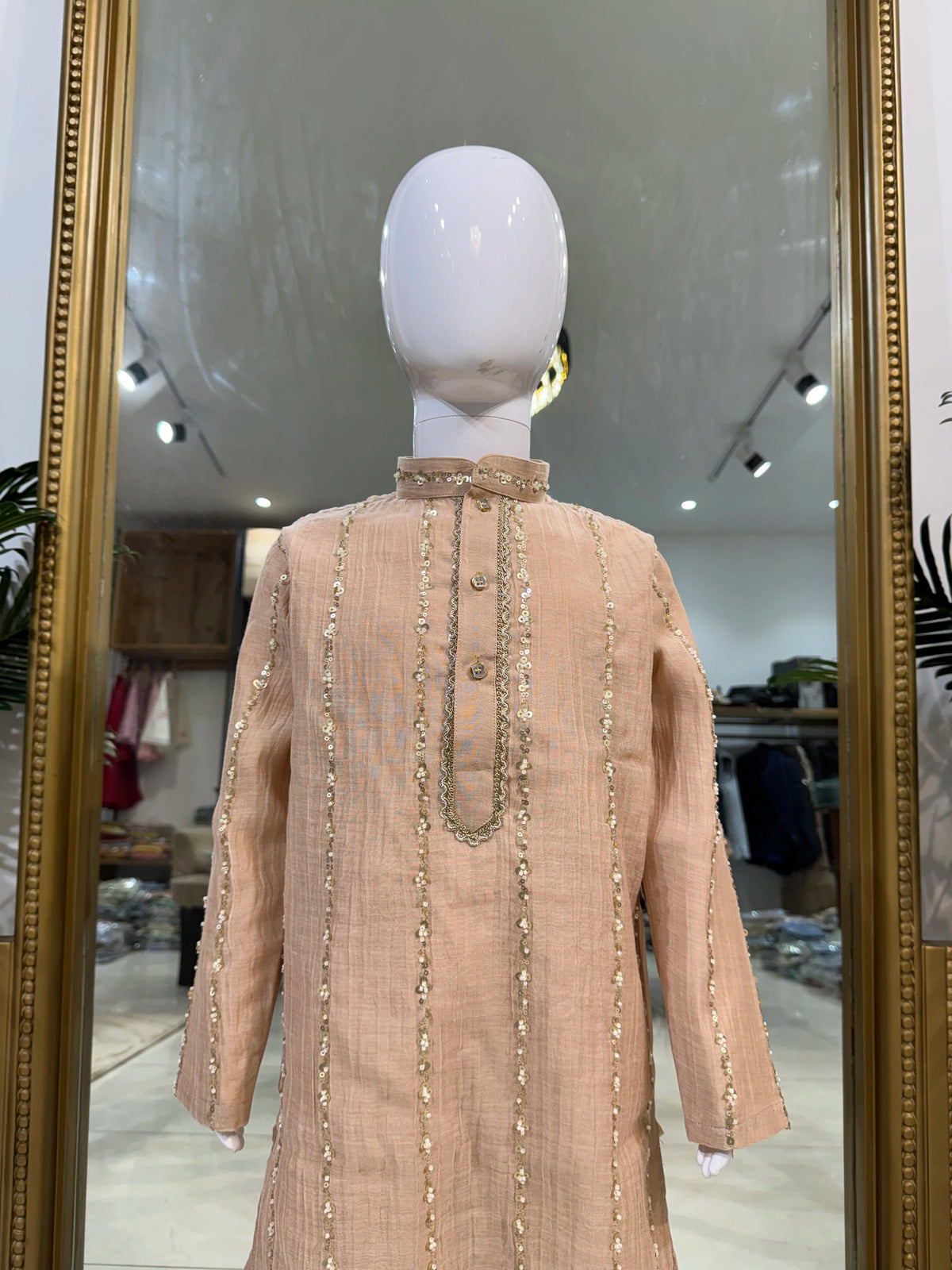 Peach Sequin Mul Chanderi Kurta Pant Set