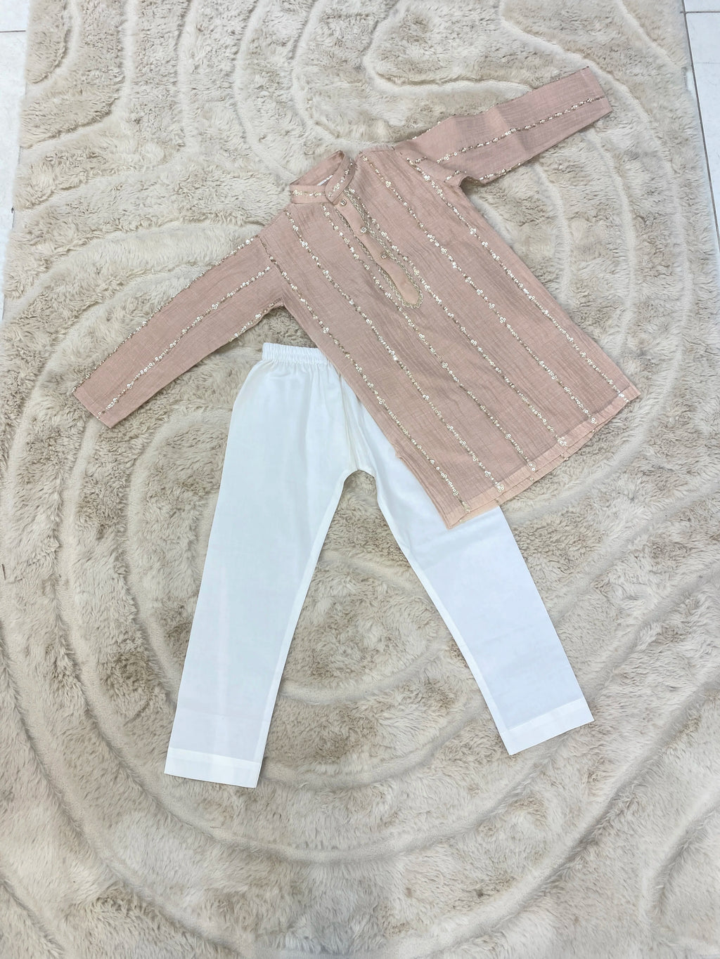 Peach Sequin Mul Chanderi Kurta Pant Set