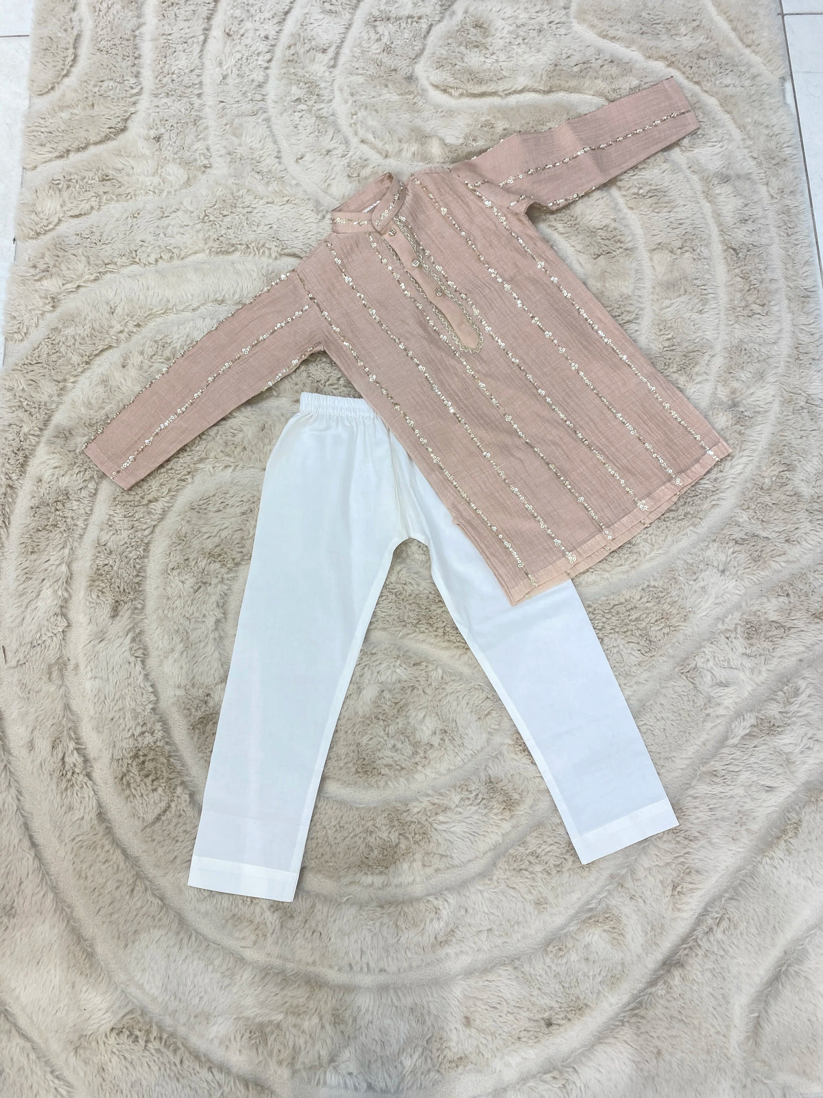 Peach Sequin Mul Chanderi Kurta Pant Set