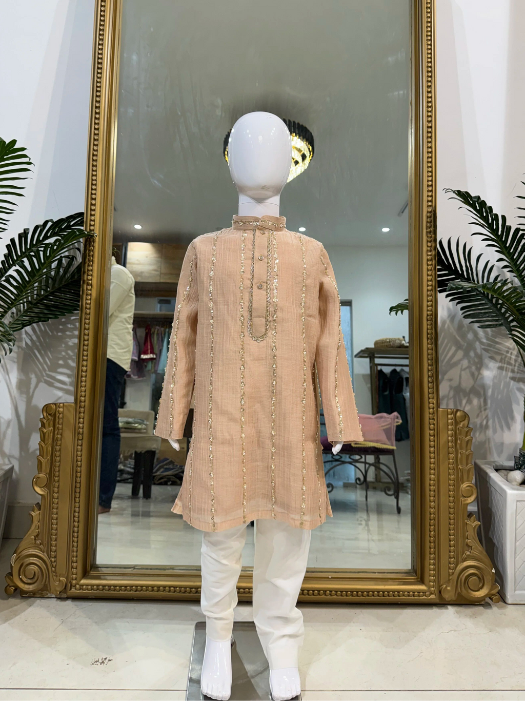 Peach Sequin Mul Chanderi Kurta Pant Set