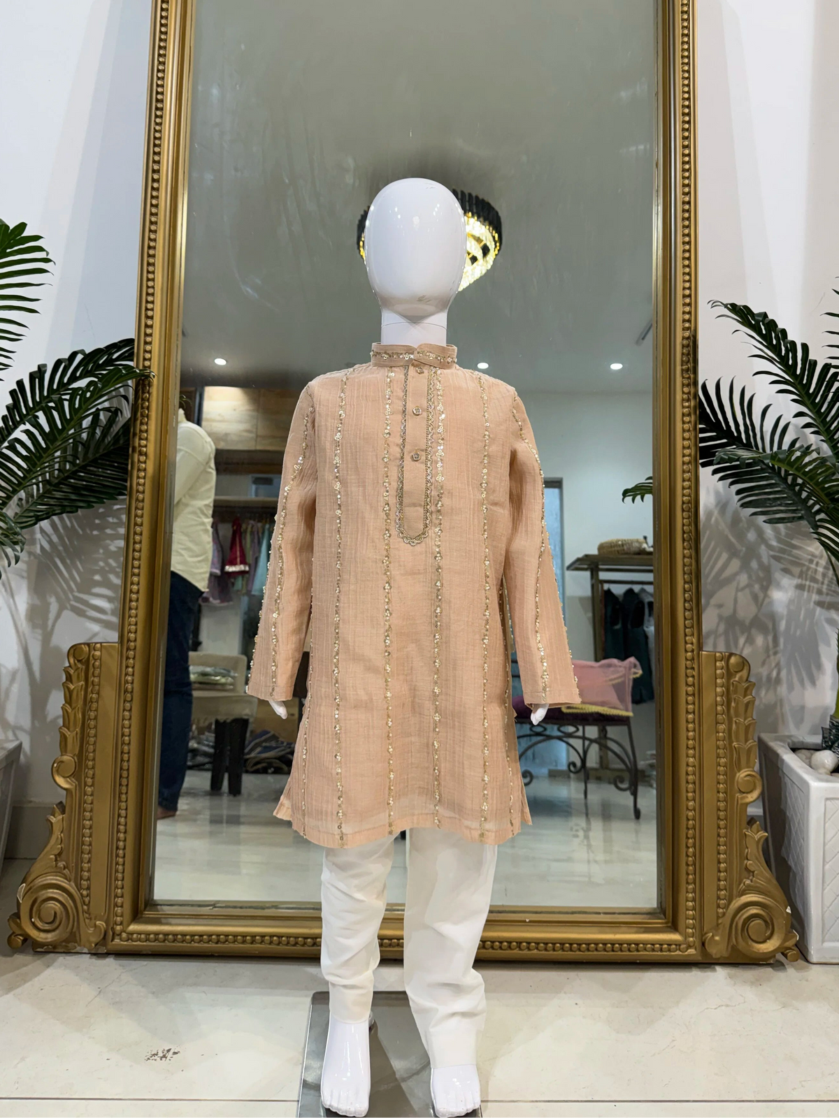 Peach Sequin Mul Chanderi Kurta Pant Set
